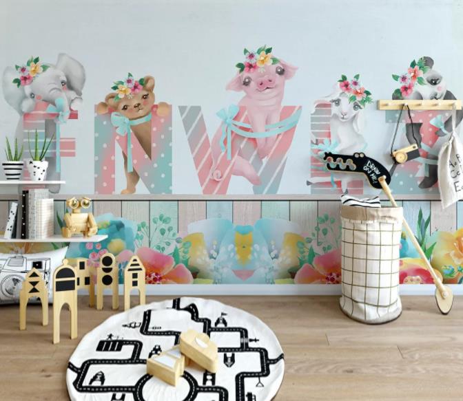 3D Cartoon Animal Letter Wall Mural Wallpaper 271