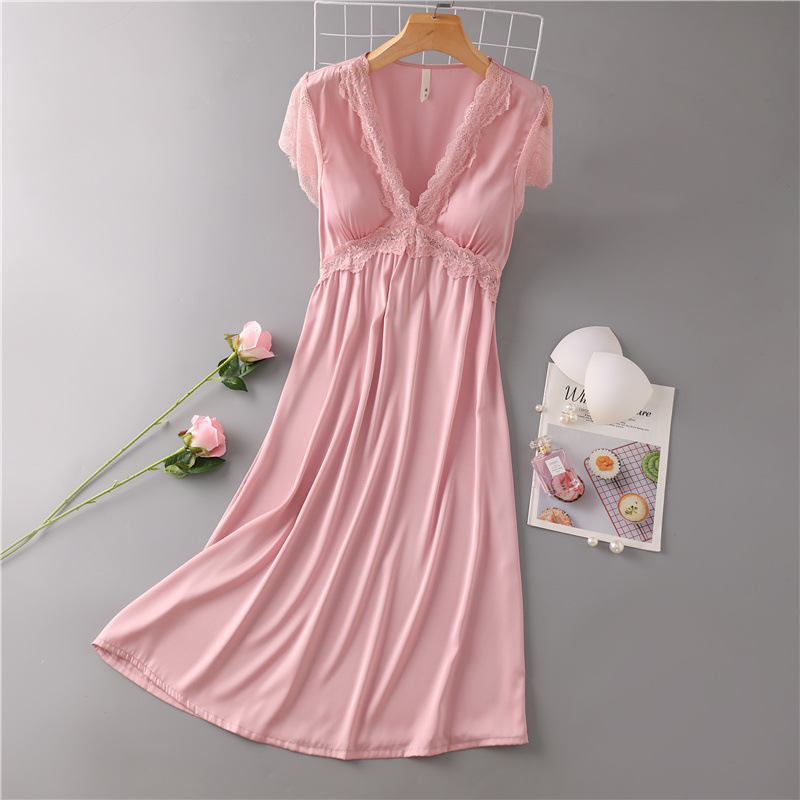 V-neck Nightgown Summer New Satin Sleepwear For Women Long Nightdress Lace Patchwork Sleep Dress Intimate Lingerie Home Clothes alx