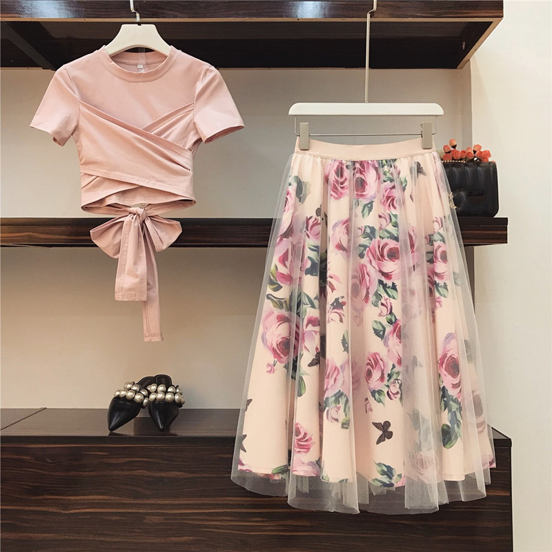 Women Flower Pring Mesh skirt and Cotton Irregular T-shirt Casual 2 Piece Set Bowknot Pink Crop Tops Floral Mid-clf Skirt Sets alx