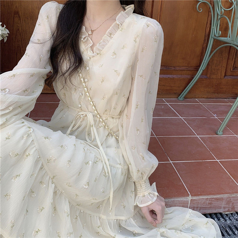 Spring Autumn Elegant Fashion Floral Print Chiffon Dress Lady Ruffles V-neck Waist Lace Up Long Dresses Women Casual Robe Femme alx