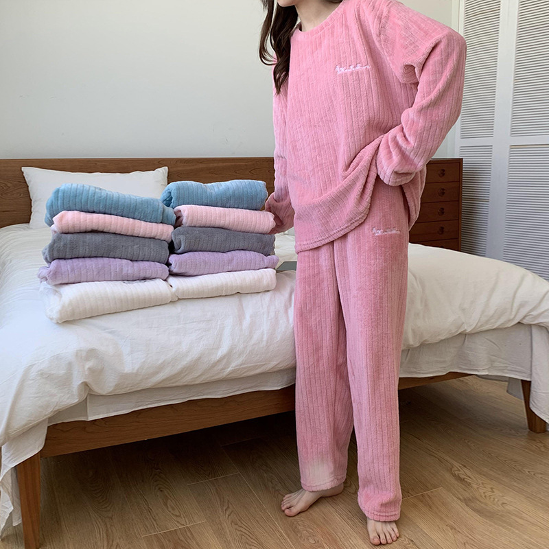 Autumn and winter flannel pajamas women’s two-piece coral fleece homewear new loose casual women’s striped simple pajamas alx