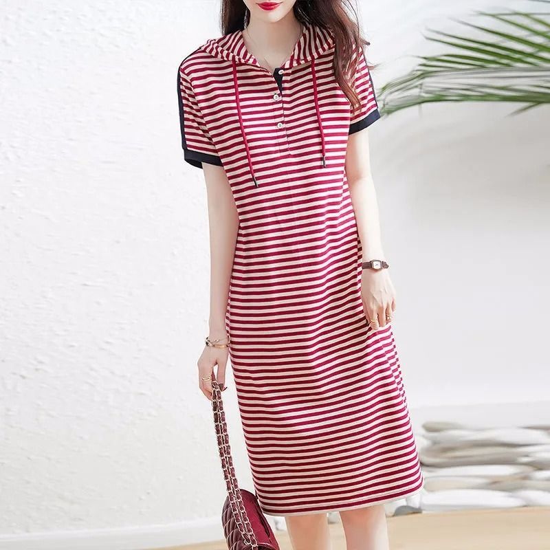 2022 Summer New Elegant Fashion Ladies Hooded Striped Dresses Korean Casual Contrasting Colors Short Sleeve Midi Dress Female alx