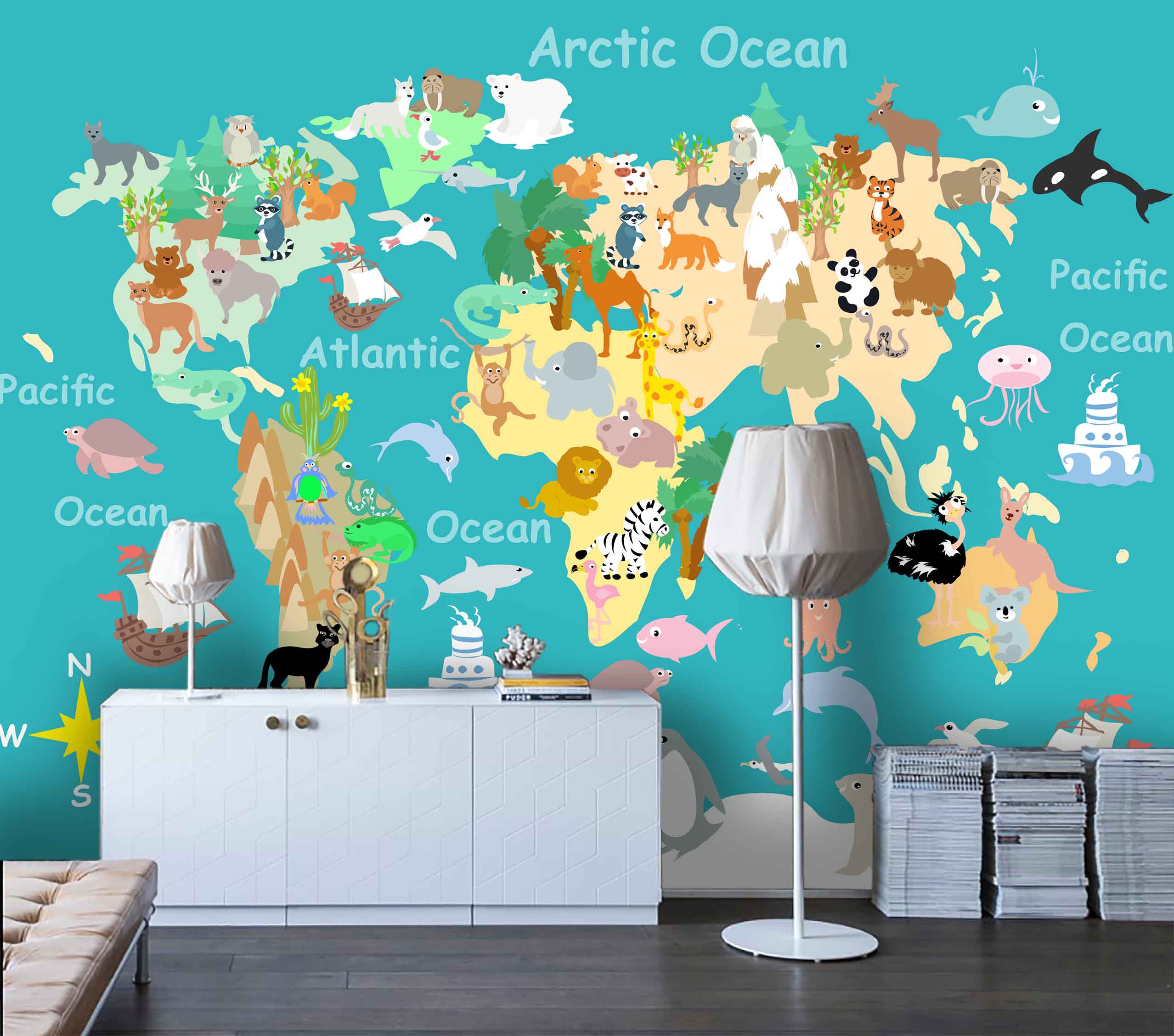 3D Cartoon Animal World Map  Blue Background Wall Mural Wallpaper 83