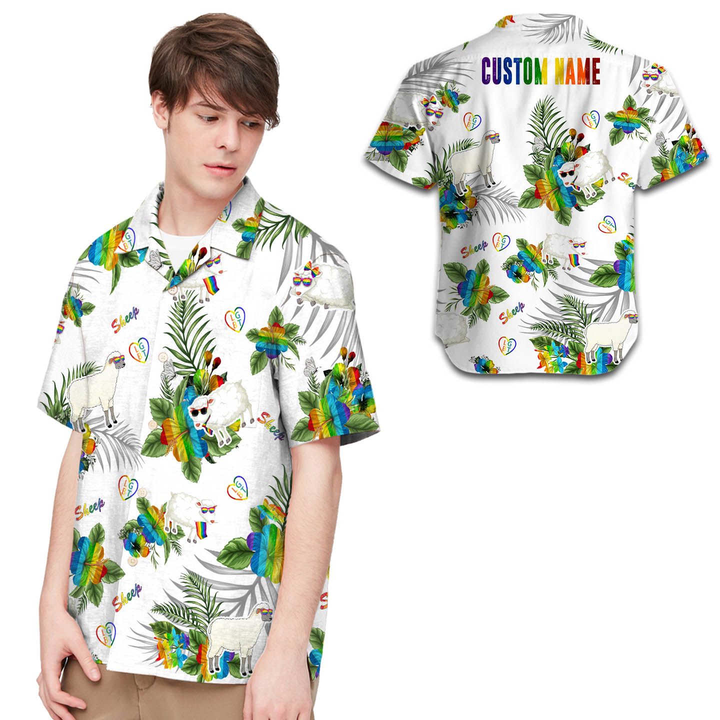 Lgbt Sheep Hibiscus Flowers Custom Name Men Hawaii Shirt For Lovers Ha36263