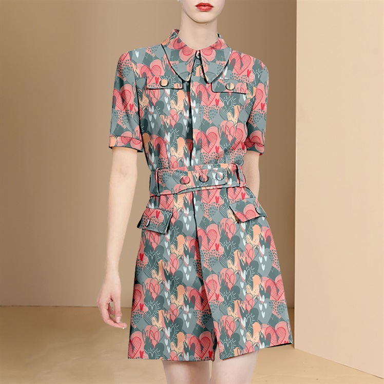 2022 Summer Retro Heart Printed Women Temperament Single-Breasted Turn Down Collar Elegant A Line Belt Slim Mini Dress alx