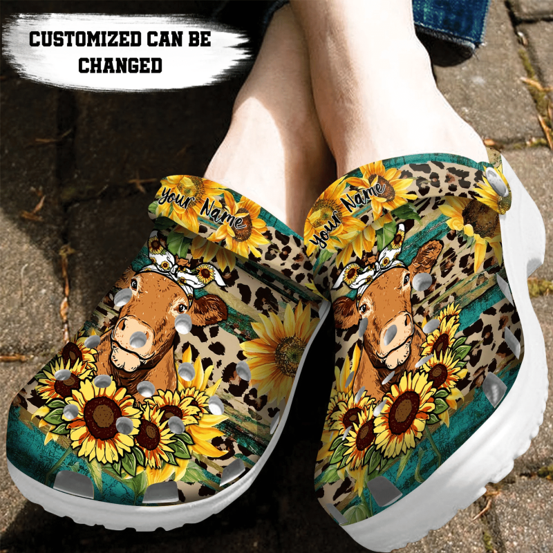 Cute Cow Rustic Sunflower Tea Wood Leopard clog Shoes Custom