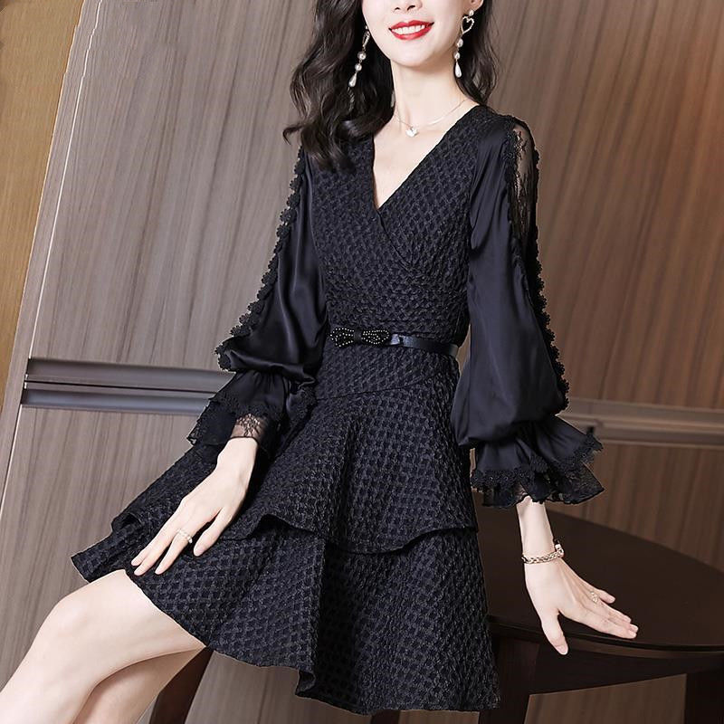 Vintage Fashion Knee-length Women’s Clothing V-Neck Chiffon Lace Dresses for Women 2022 Empire Solid Pullover Spring Autumn alx