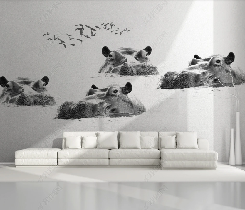 3D Wild Animal Hippo Wall Mural Wallpaper Lqh 94