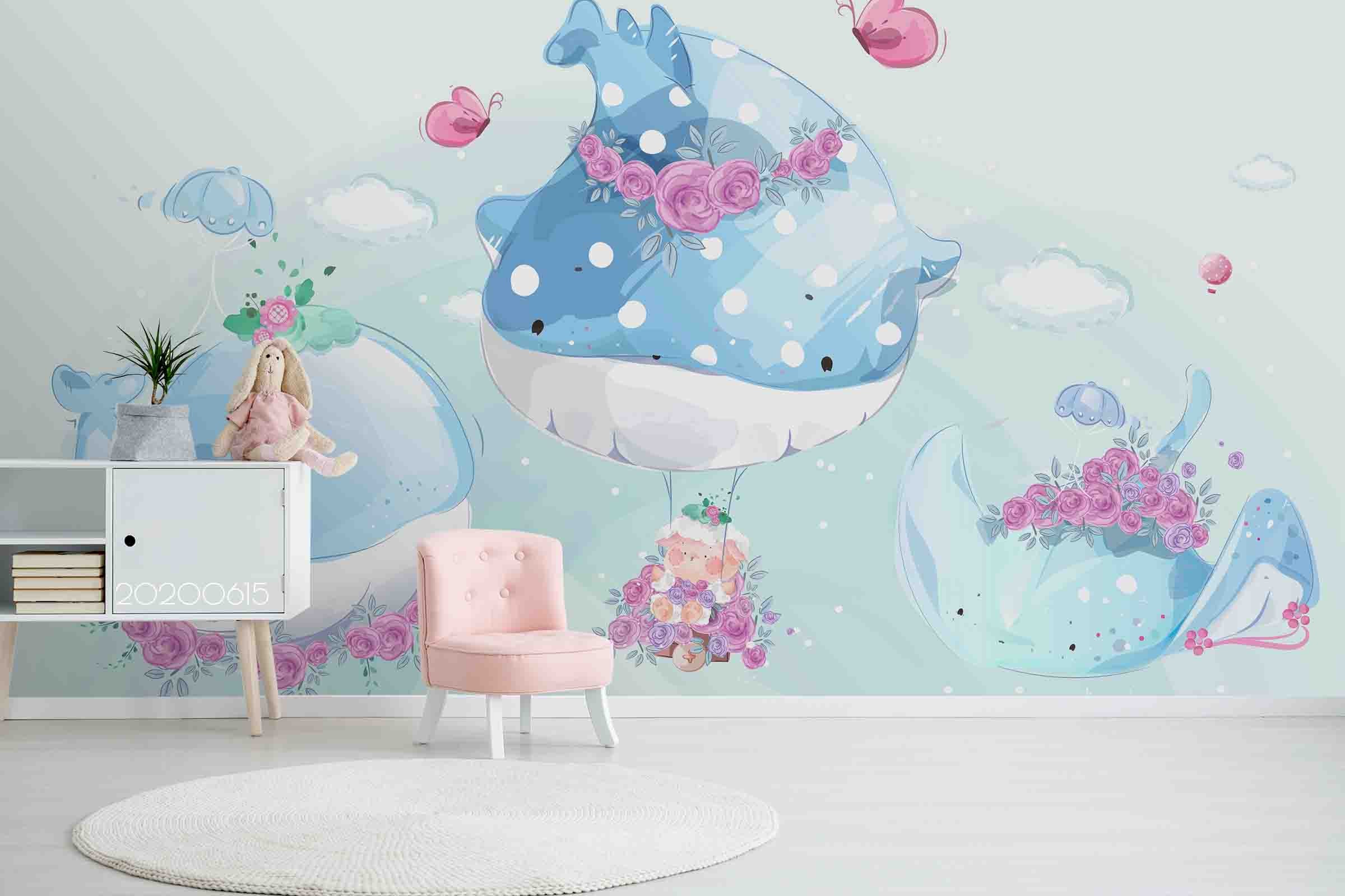 3D Cute Animal Cartoon Floral Dolphin Wall Mural Wallpaper A029 Lqh