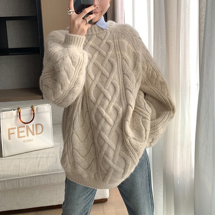 Autumn Winter Women Knitted Sweater Round Neck Vintage Casual Loose Basic Pullovers Warm Elegant Solid Tops alx