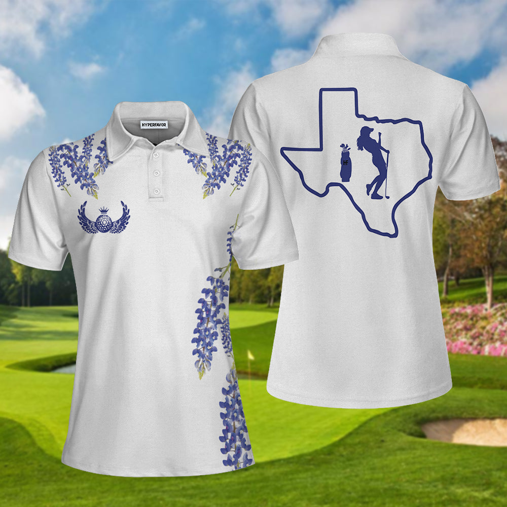 Elegant Bluebonnet Flower For Texas Golfer Short Sleeve Women Polo Shirt, White Texas Golf Shirt For Ladies Coolspod