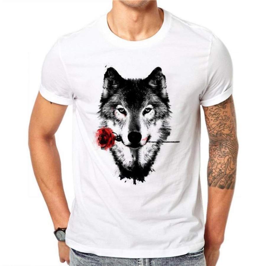 100% Cotton 3D Wolf Rose T Shirt Men Summer Funny Wolf Man’s T-shirt Casual White Hip Hop Animals Shirt Plus Size 4XL DF60