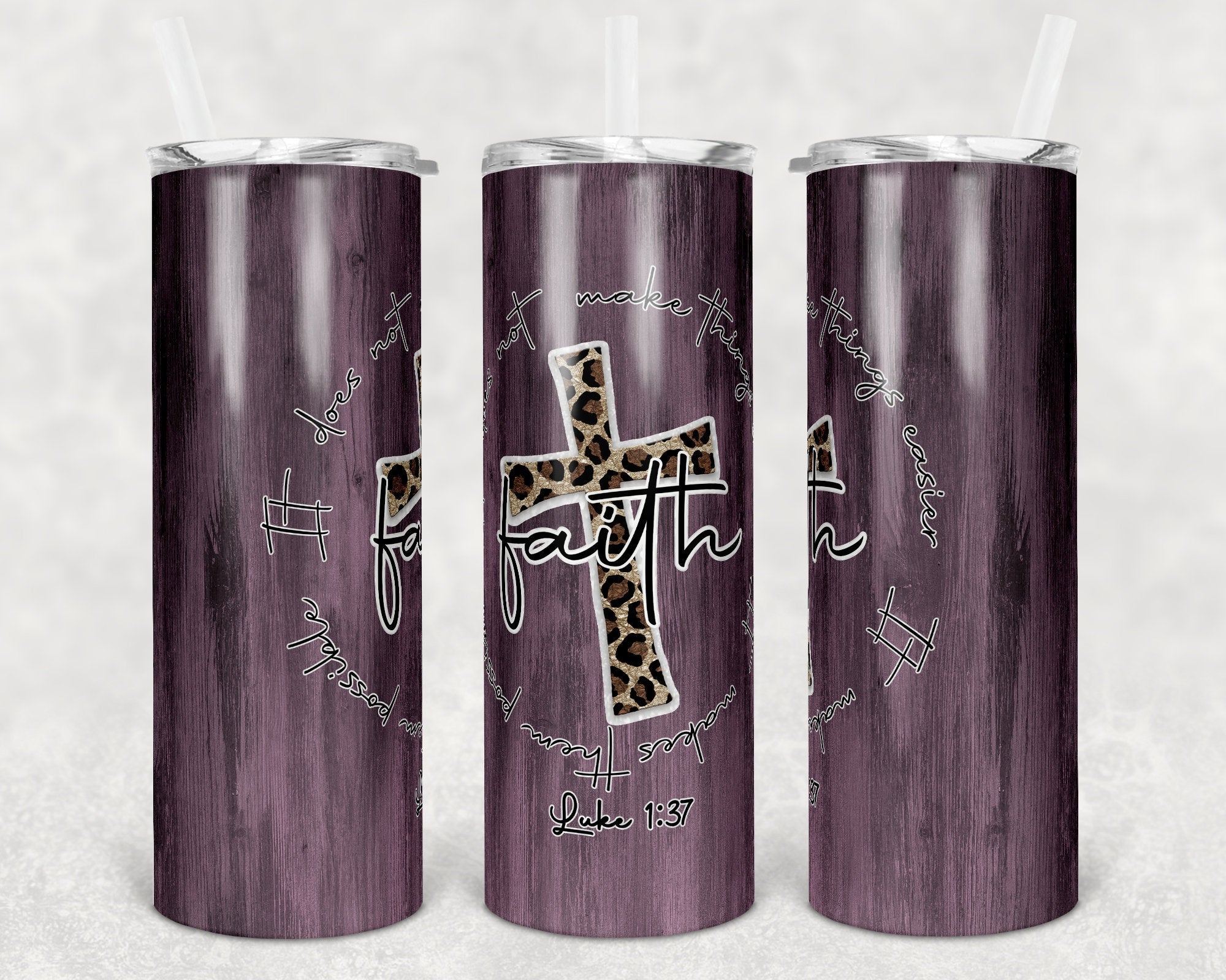 Purple Wood Faith Quote Leopard Cross Skinny Tumbler