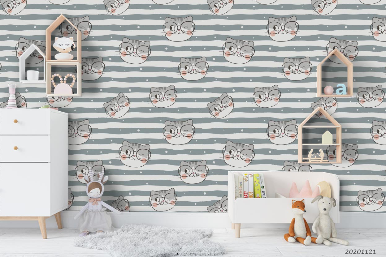 3D Cartoon Animal Cat Stripes Wall Mural Wallpaper Lqh 62