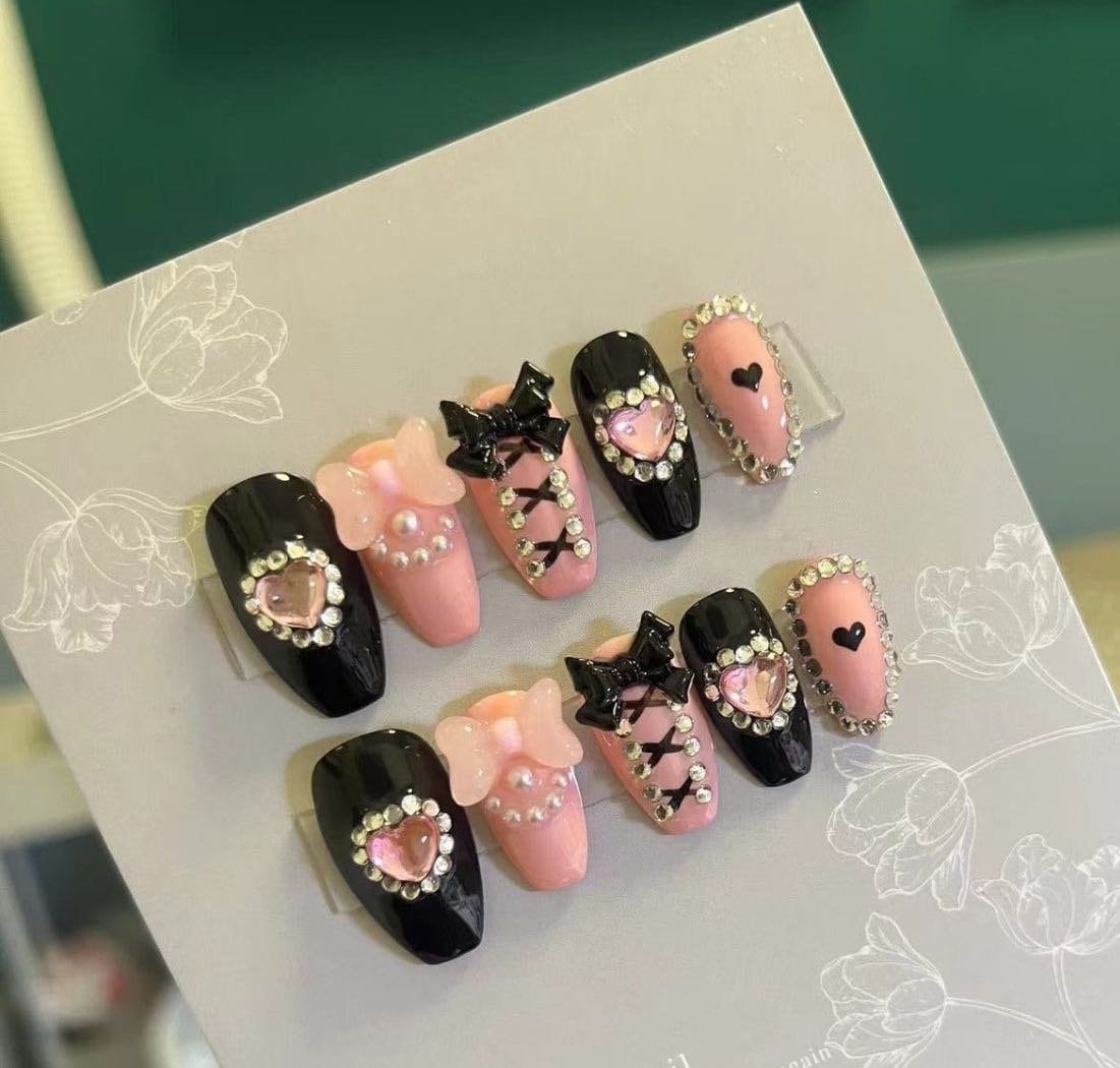 Black and pink Princess Press On Nails/Black and Pink Bowtie/ Kawaii Fake Nails/Y2k nails/Japanese Nails/ Reusable Nails/girdling Nails #61