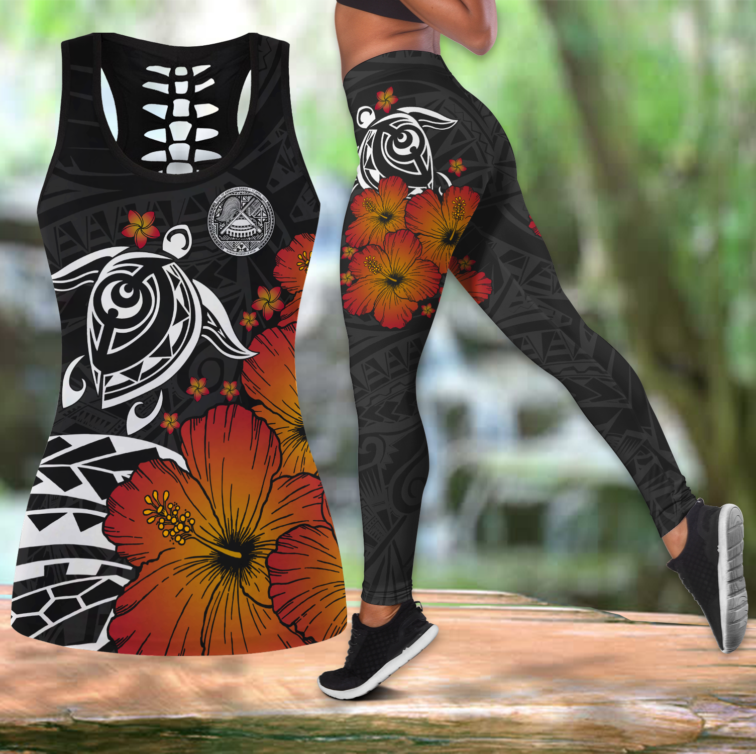 AMERICAN SAMOA TURTLE FLOWERS -LEGGING TANK TOP ALL OVER PRINT