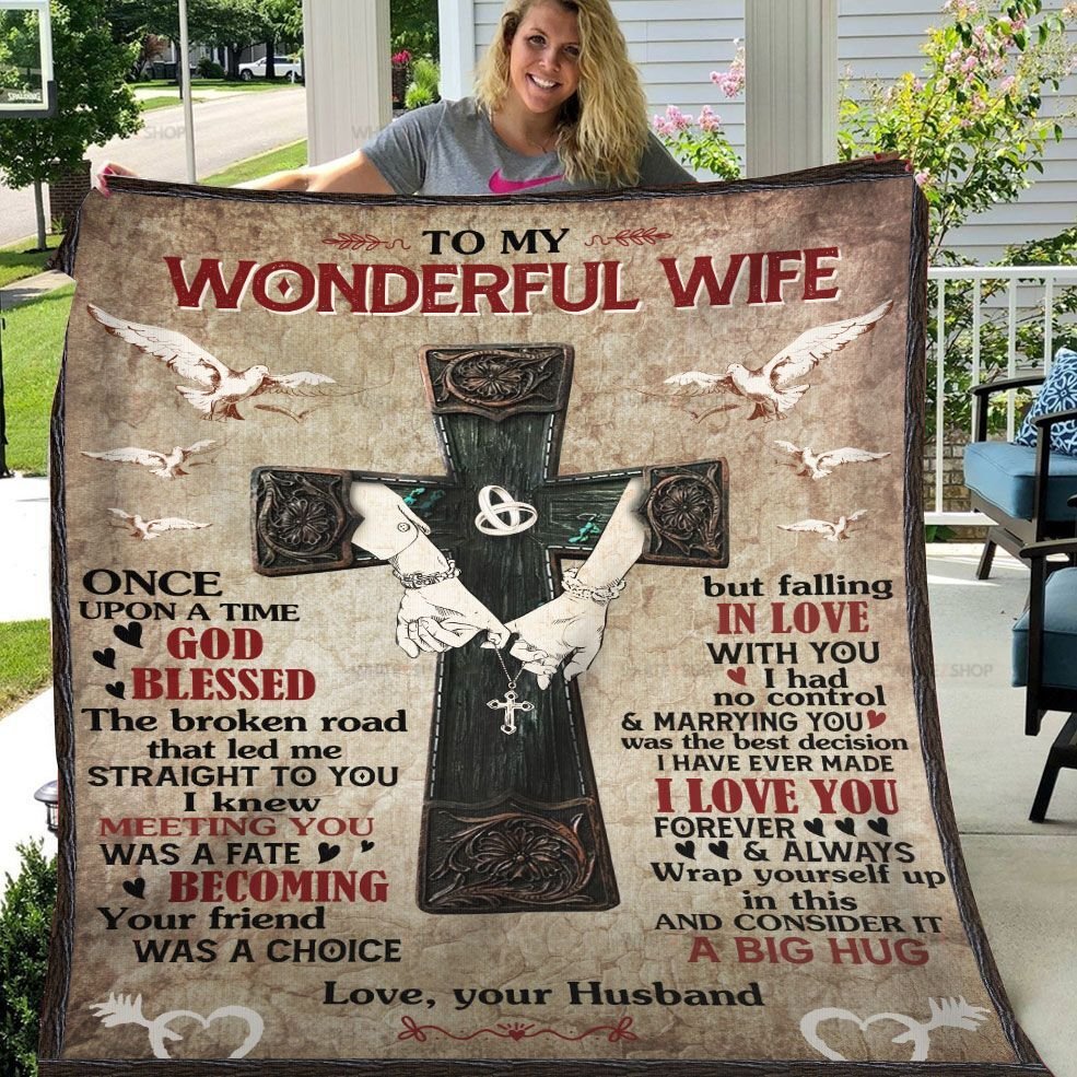 Cross Husband To My Wonderful Wife Sherpa Blanket Once Upon A Time, God Blessed The Broken Road That Led Me Straight To You- Valentines Day Gifts – Valentine Gift For Wife – Blanket Valentine For Wife