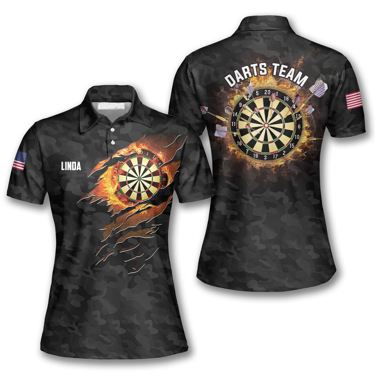 Fire Flame Black Camouflage Custom Dart Shirts For Women