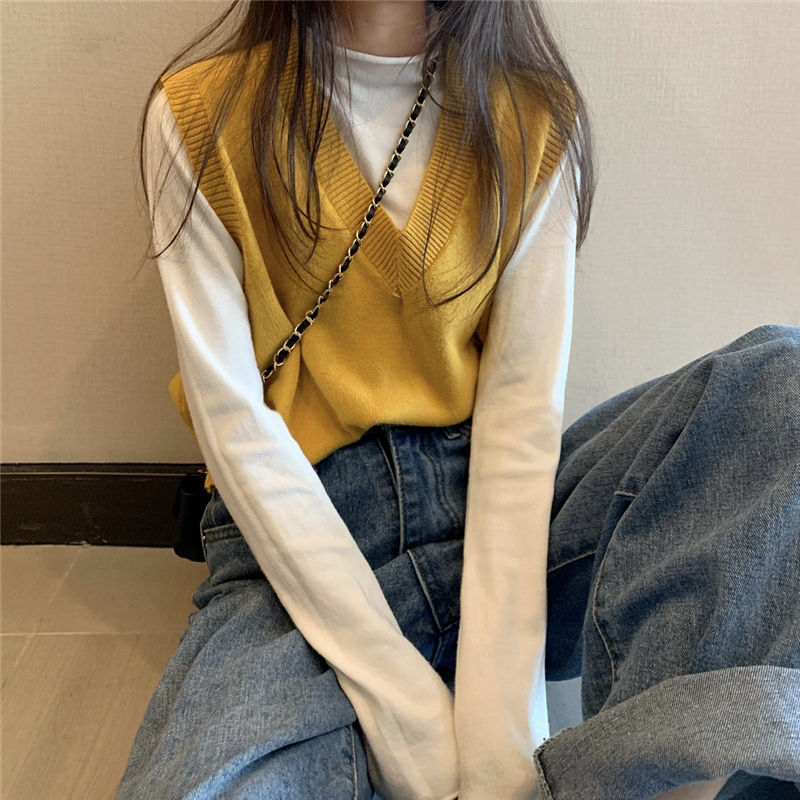 Sweater Vests Women Students V-Neck Sleeveless Knitted Basic Loose Casual Korean Style Preppy All-match Winter Candy Color Mujer alx