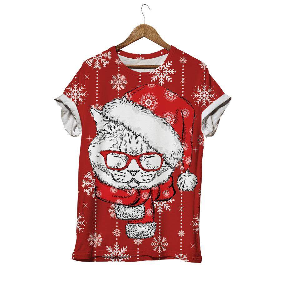 Merry Christmas Naughty Kitten Snowflakes Red T-shirt