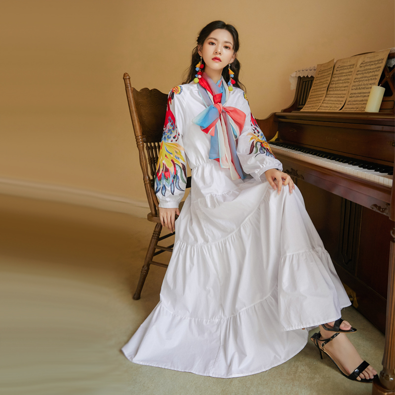 Banulin High Quality Luxury Design Runway Female Elegant Embroidery Women Dress Lantern Sleeve High Waist Maxi Long Dresses alx