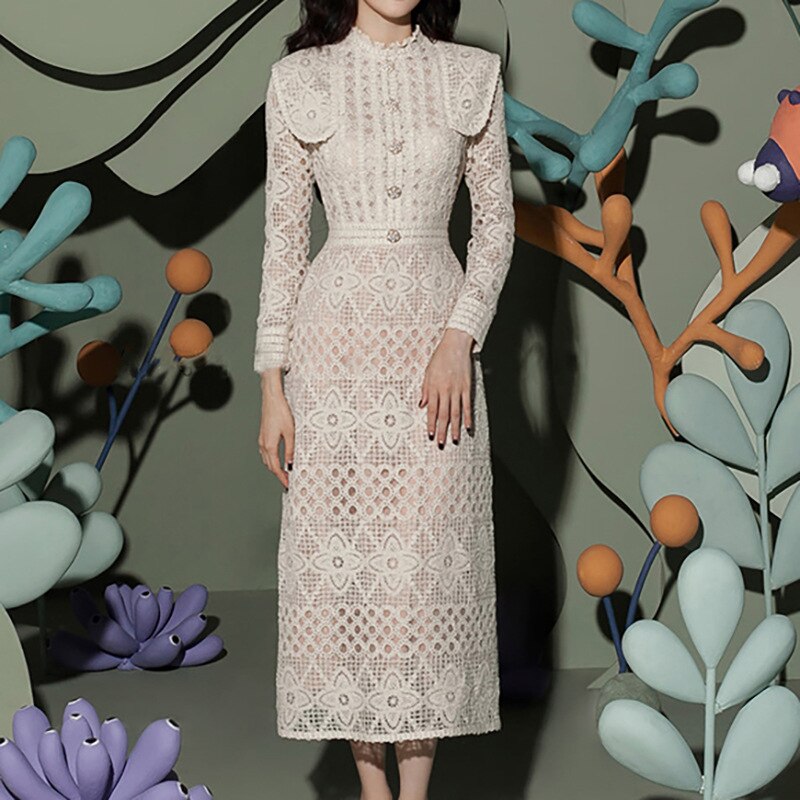 Vietnam Brand Dress 2022 Spring New Temperament Long Sleeve Gather Waist Cut-Out Design Water-Soluble Lace Long Dresses alx