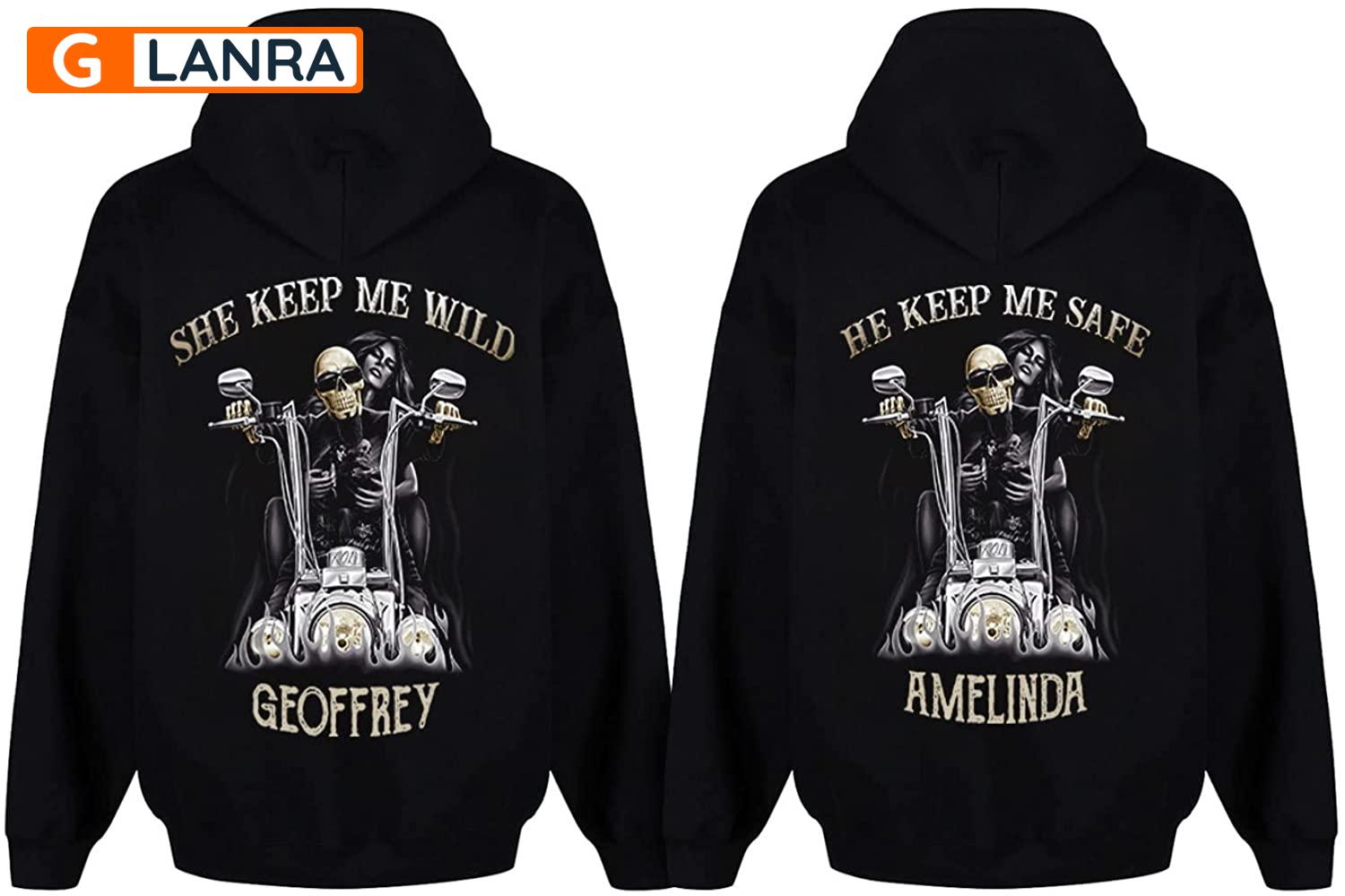 Personalized He Keeps Me Safe She Keeps Me Wild Hoodie, Custom Skull Biker Couple Hoodie, Couple Hoodie, Husband Wife Unisex Sweater, Sweatshirt