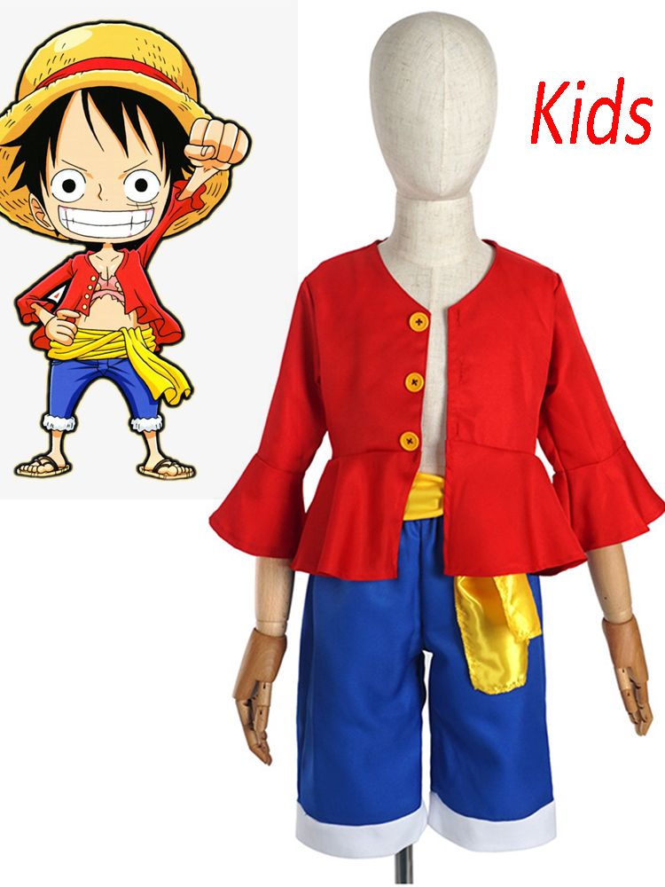 Anime ONE PIECE Monkey D Luffy Kids Cosplay Costumes Red Shirt Short Blue Pant Hat Halloween Christmas parties Fancy suit alx