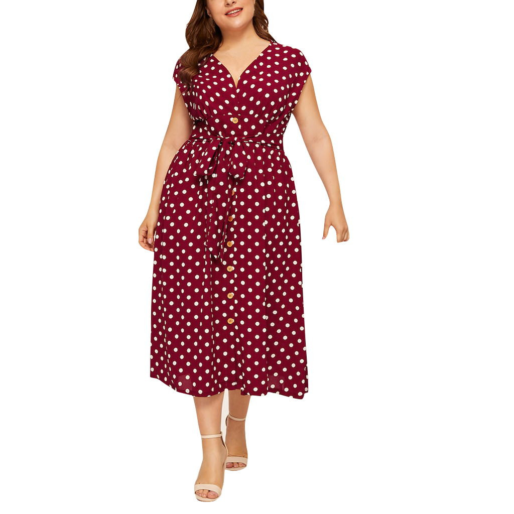 Women Casual Plus Size Dress V-neck Sleeveless Polka Dot Printed Button Belt Dress Summer Holiday Beach Sundress 5XL Ropa Mujer alx