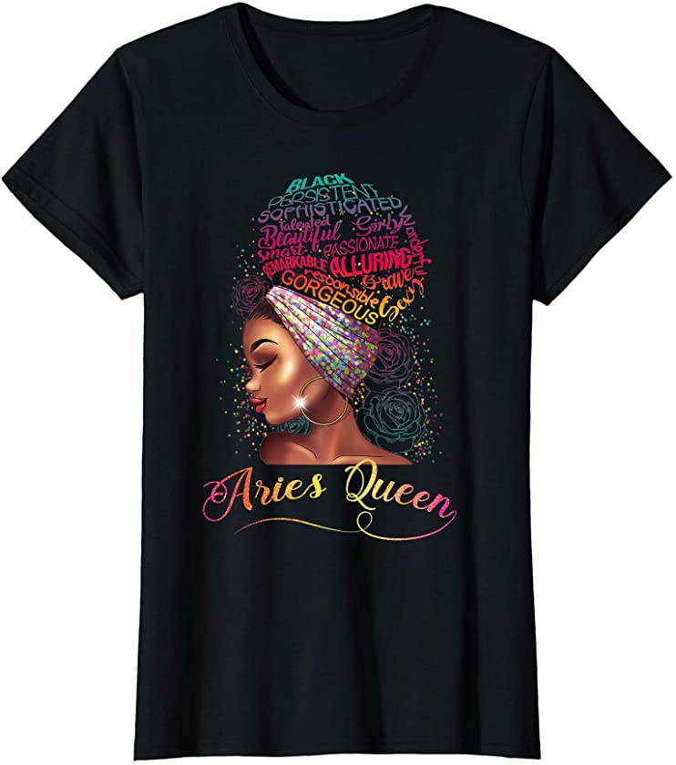 Womens Aries Queen Afro Women March April Zodiac Melanin Birthday T-Shirt