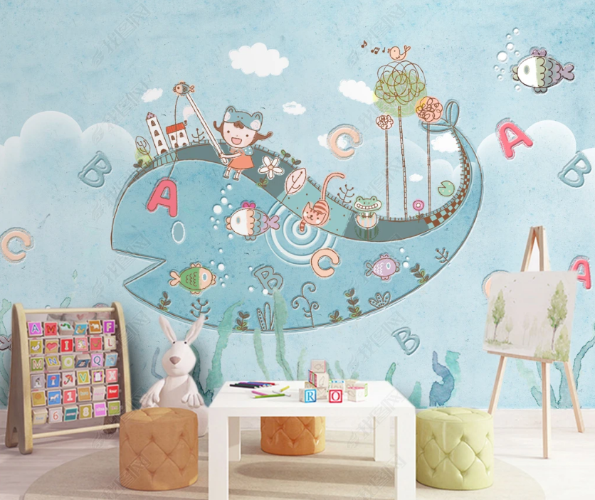 3D Cartoon Sky Cloud Dolphin Kids Wall Mural Wallpaper Lqh 101