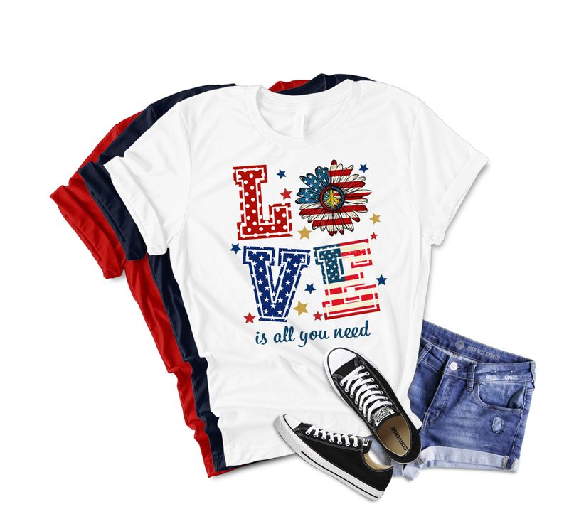 4th Of July Love Is All You Need Us Flag Daisy Peace Flower White Mens Womens T Shirt S 6xl Cotton