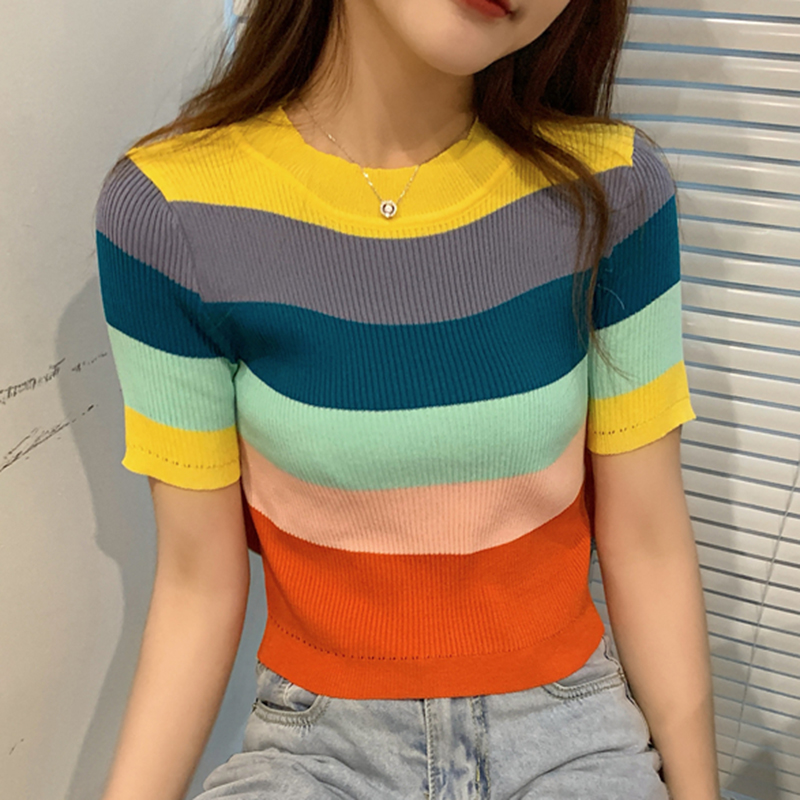 2023 Thin Sweater Summer Fashion O Neck Knitted Rainbow Striped Short Sleeve Women Sexy Slim Crop Tops Pullovers Womens Clothes alx