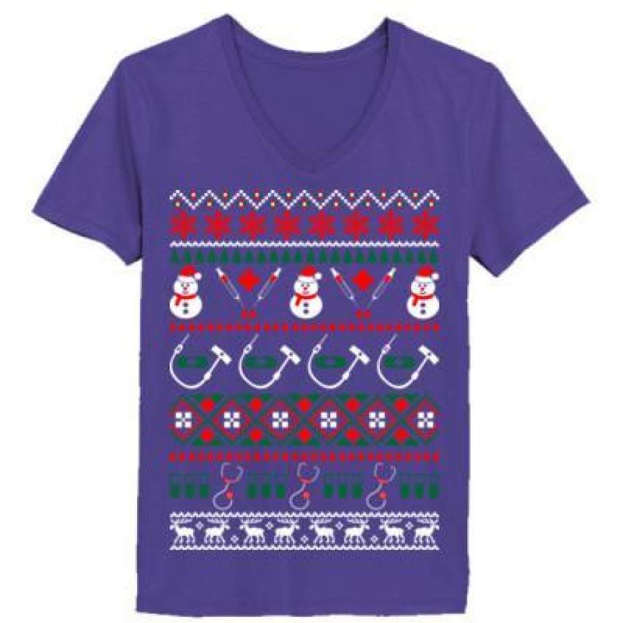 AGR Nurse Doctor Medical Assistant Ugly Christmas Sweater Xmas – Ladies’ V-Neck T-Shirt