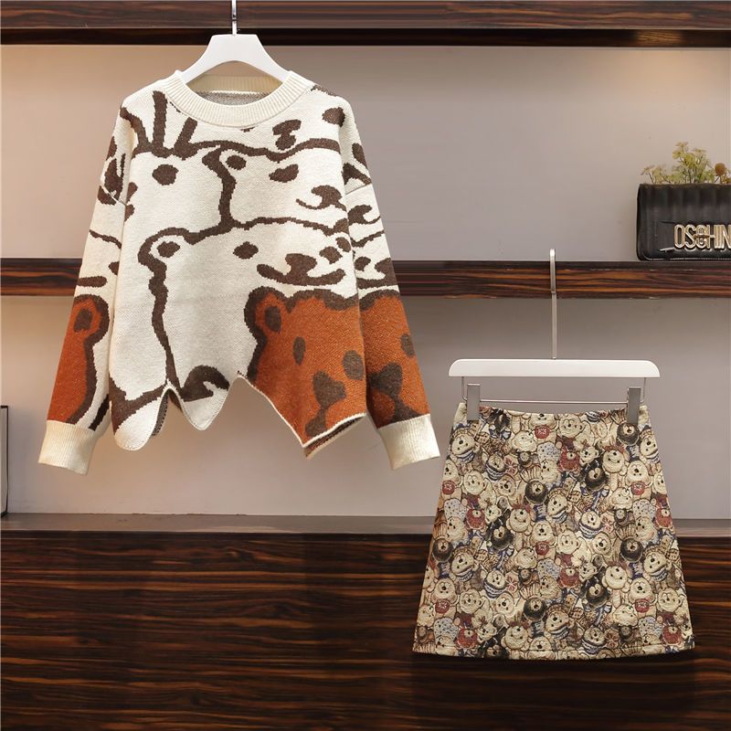 Women’s Autumn Winter Fashion Cartoon Bear Sweater A-Line Mini Skirts Two Piece Set Korean Lady Casual Loose Knit Tops Outfits alx