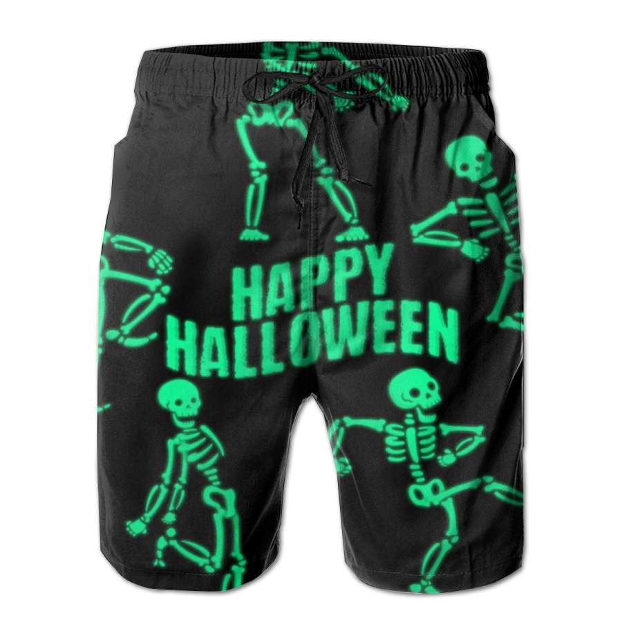 2 Pack Happy Halloween Dancing Skeletons Poster Men Swim Trunks Drawstring Elastic Waist Quick Dry Beach Shorts with Mesh Lining Swimwear Bathing Suits