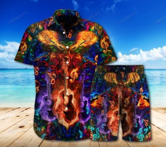 Amazing Guitar Combo Beach Shorts And Hawaiian Shirt Ha70604