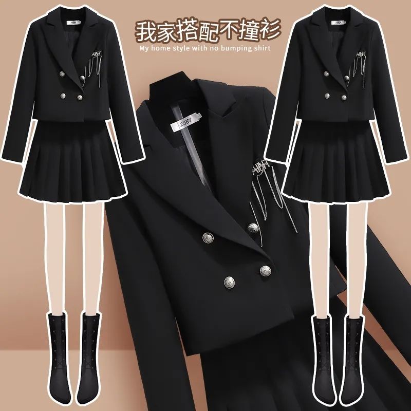 2022 Blazer Skirt Blouse Sets Women Jacket Long Sleeve Student Pleated Skirts Suit Female Silver Grey Lady Office Work Uniform alx