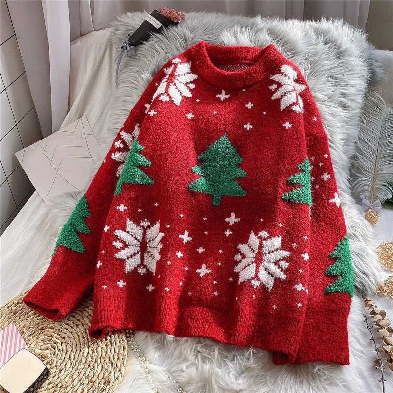 Sweater Women Christmas Red Pullover Knitwear Korean Loose Fluffy Top Trending Sweater Autumn and Winter Lazy Wind Round Neck alx