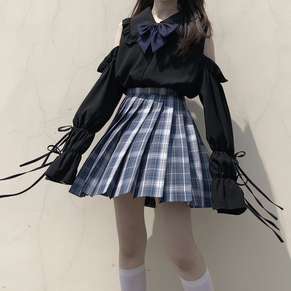 Women Shirts Off Shoulder Peter Pan Collar Sweet Lolita Tops Lovely Solid Long Lantern Sleeve Bow Lace Up Female Leisure Shirt alx