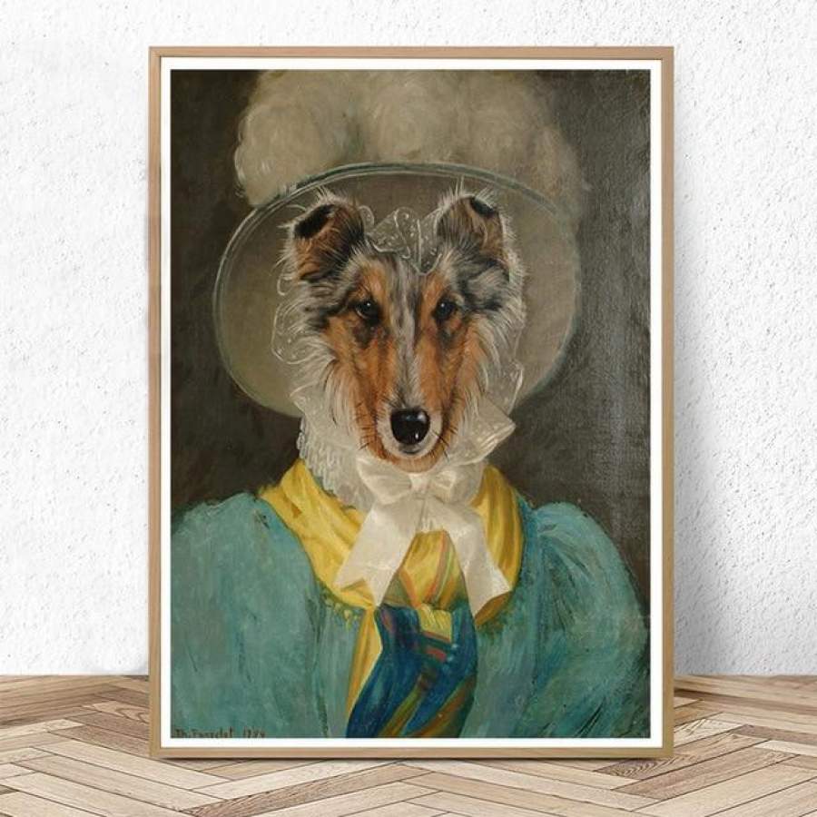 Vintage Art Poster Dog Animal Retro Nostalgia Gentlewoman Oil Painting Print Wall