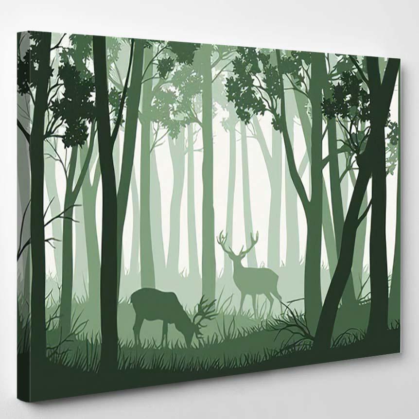 Vector Green Forest Landscape Trees Two – Deer Animals Canvas Print