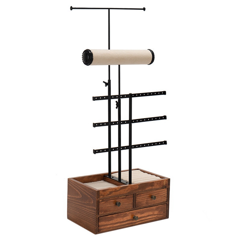 Wooden 5 Tier Jewelry Stand Holder Adjustable Height Jewelry Tower With Large Tray For Necklaces Earrings Bracelets alx