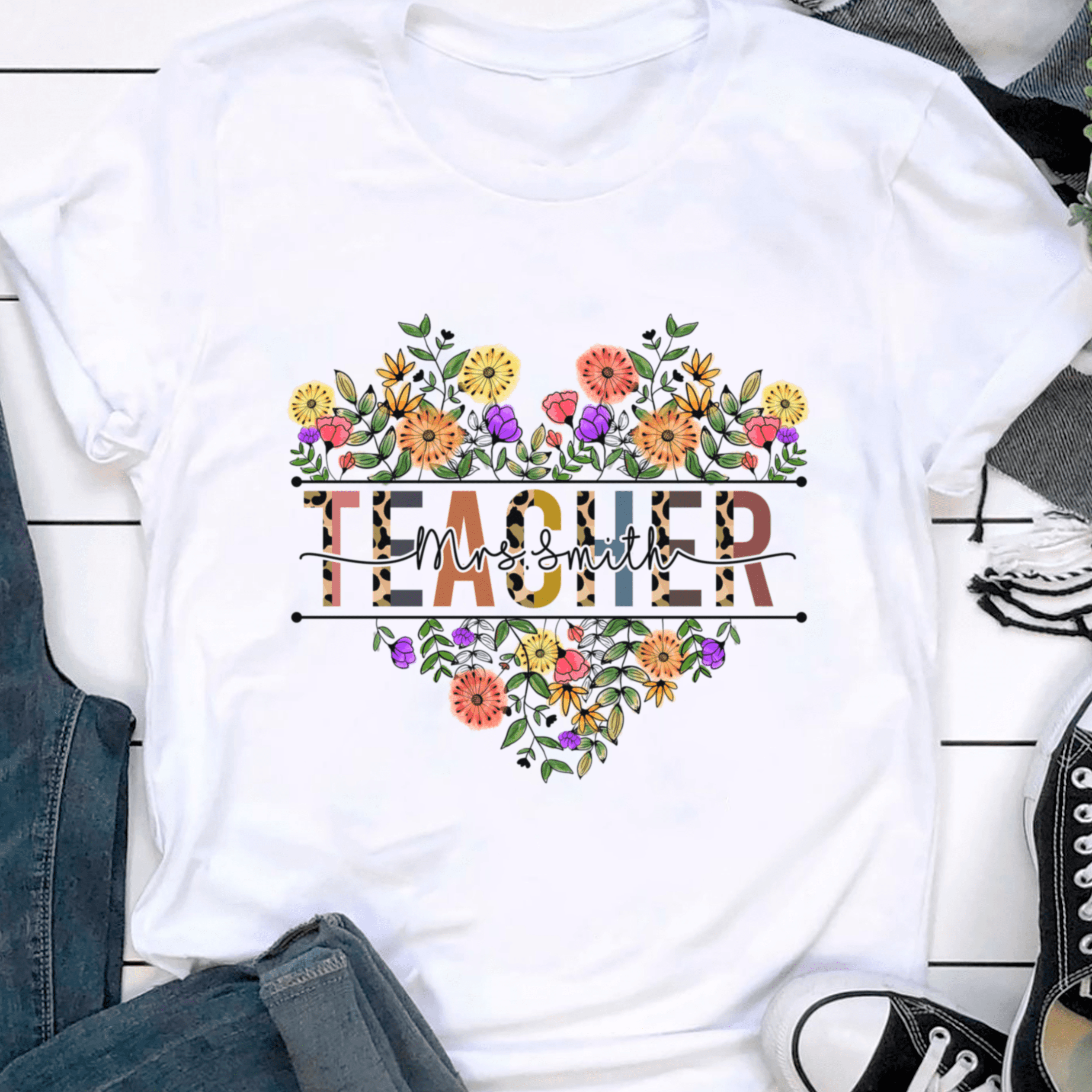 Personalized T-Shirt For Teachers Colorful Leopard & Flower Print Heart Design Custom Name Back To School Outfit