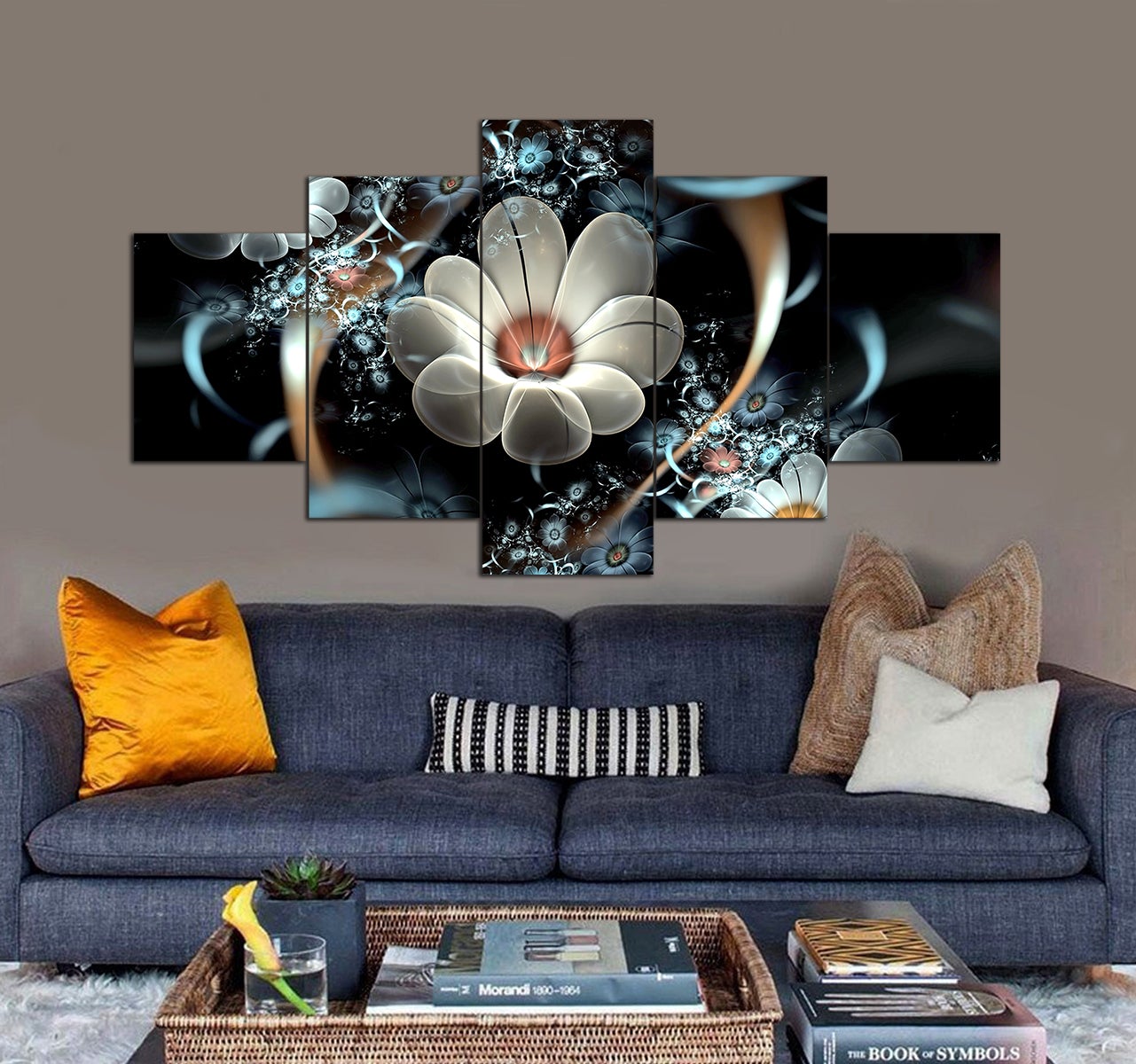 Shiny abstract fractal 3d flowers 3D 5 piece canvas art