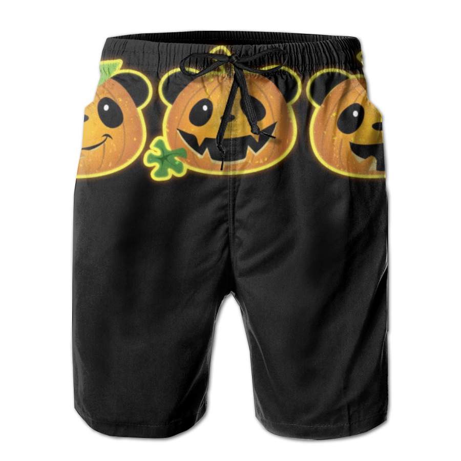 2 Pack Halloween Panda Pumpkins Horizontal Poster Men Swim Trunks Drawstring Elastic Waist Quick Dry Beach Shorts with Mesh Lining Swimwear Bathing Suits