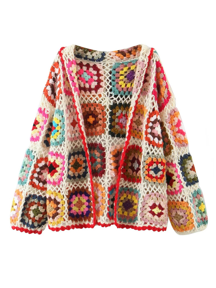 2022 BOHO Colored Plaid Flower Hand Crochet Hooded Cardigan Ethnic Woman Open Stitching Full Sleeve Sweater Beach Short Jumper alx