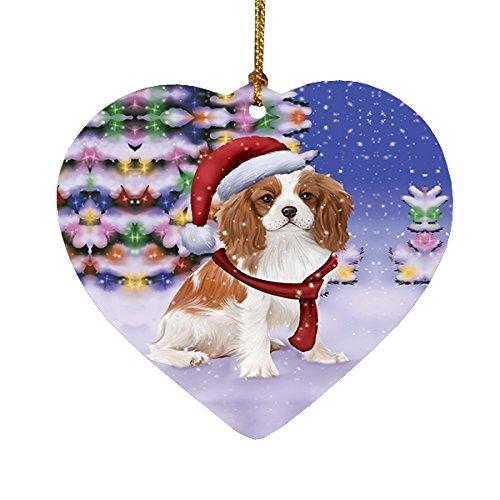 Winterland Wonderland Cavalier King Charles Spaniel Puppy Dog In Christmas Holiday Scenic Background Heart Ornament