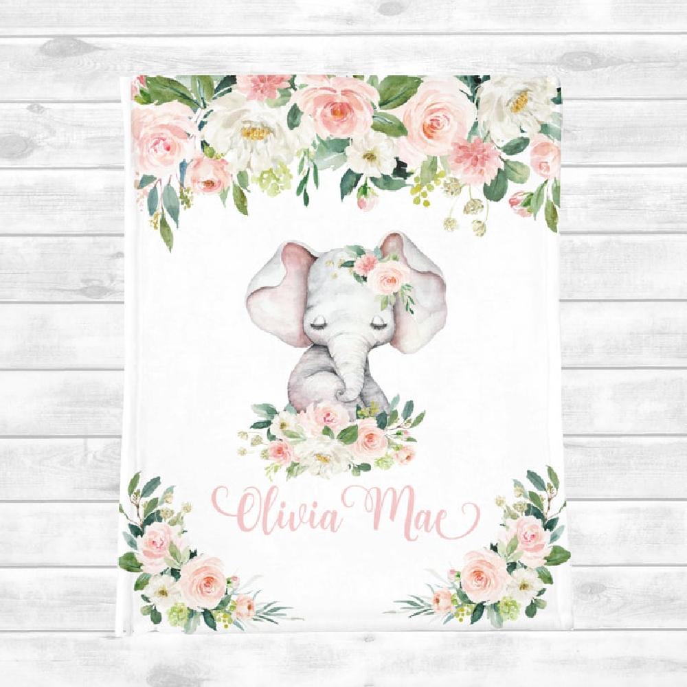 Personalized Baby Girl Blanket – Floral Elephant Baby Blanket – Baby N Fleece Blanket, Blanket Sofa Bed, 3D Blanket