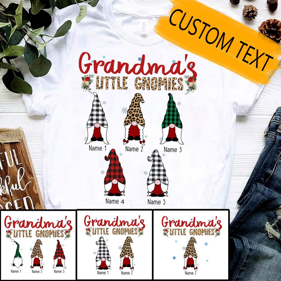 Personalized T-Shirt Grandma’S Little Gnomies Leopard Buffalo Plaid Design Custom Grandkids Names